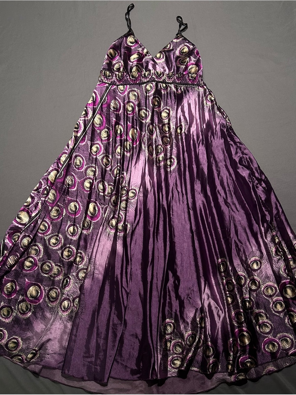 Vintage Y2K Step In Style Purple Peacock Satin Maxi Dress